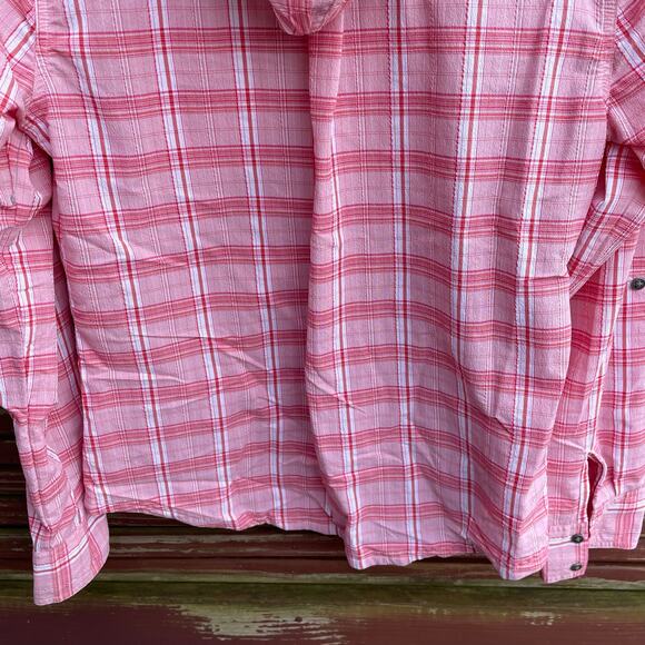Prana Anja Hooded Shirt Plaid Roll Tab Button-Front Pullover Pink Size Medium - Picture 7 of 10